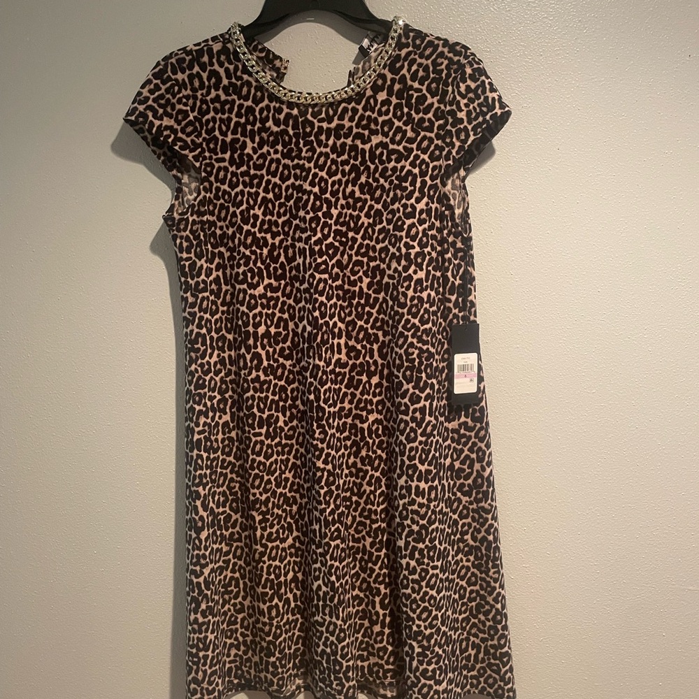Karl Lagerfeld Brown and White A-Line Dress with Flutter Cap Sleeves